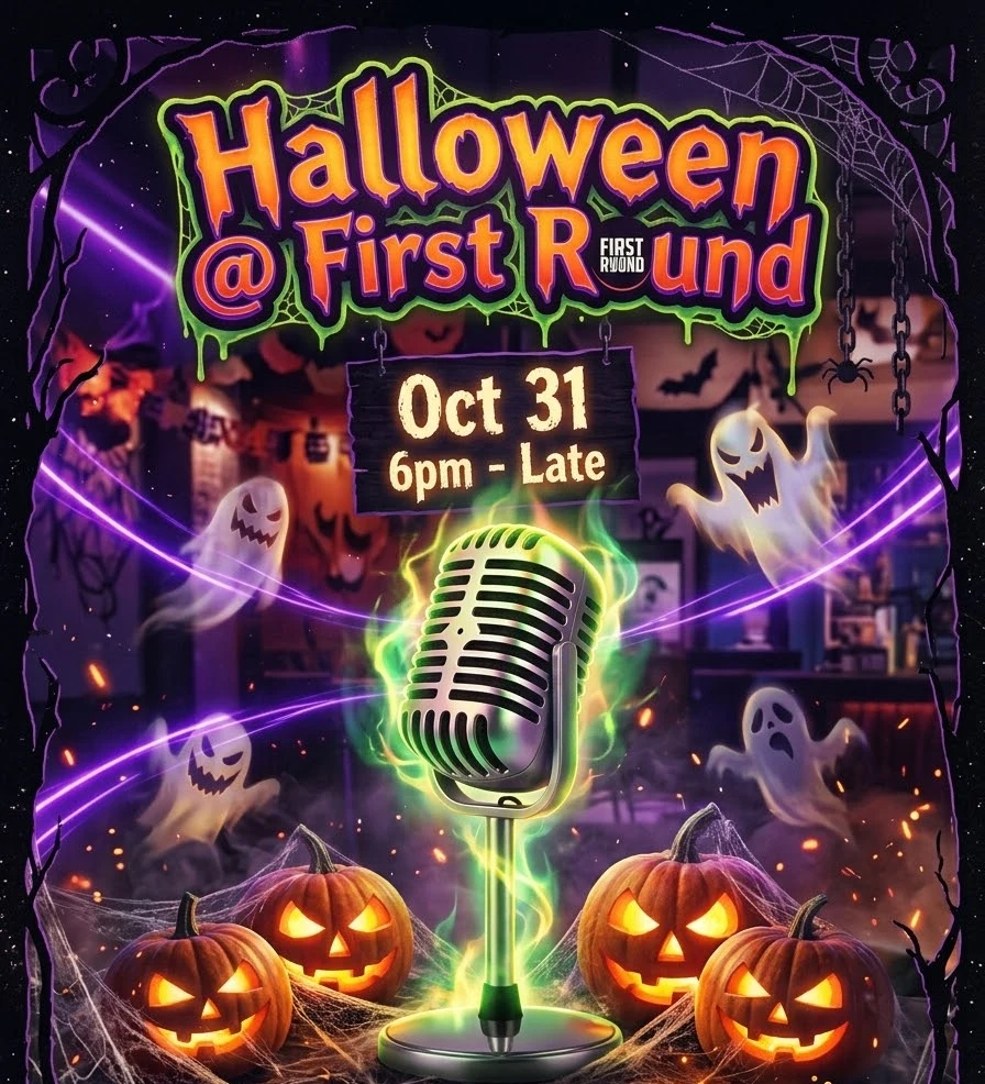 Halloween event poster for First Round on October 31, 6pm till late. The spooky neon design features a vintage karaoke microphone surrounded by floating ghosts and jack-o'-lanterns